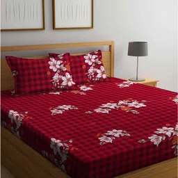 Arrabi Red & White Floral 300 TC King Bedsheet with 2 Pillow Covers-image-72