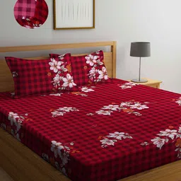 Arrabi Red & Peach-Coloured Floral 300 TC King Bedsheet with 2 Pillow Covers-17