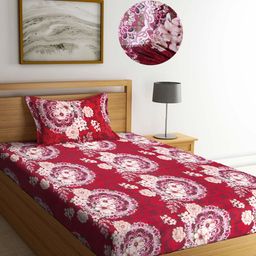 Arrabi Red & White Floral 300 TC Single Bedsheet with 1 Pillow Covers-image-96
