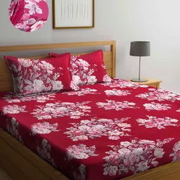 Arrabi Red & Peach-Coloured Floral 300 TC King Bedsheet with 2 Pillow Covers-16