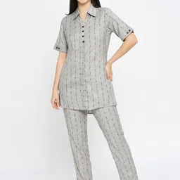 True Shape Striped Shirt Collar Tunic & Trousers-image-58