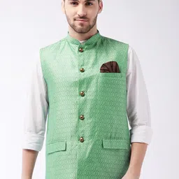 VASTRAMAY Men Green Woven Design Nehru Jacket-picture-15