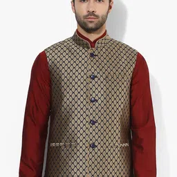 KISAH Men Navy Blue & Golden Woven Design Nehru Jackets-51