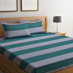 Home Sizzler Green & Grey Striped 210 TC Cotton Queen Bedsheet with 2 Pillow Covers-image-24