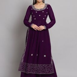 Poshak Hub Floral Embroidered A-Line Pleated High Slit Kurta with Palazzos-picture-43