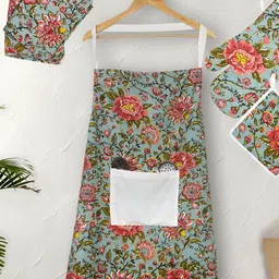 Texstylers Red & Green 5 Pieces Floral Printed Cotton Kitchen Linen Sets-36