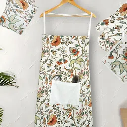 Texstylers Brown & White 5 Pieces Floral Printed Pure Cotton Kitchen Linen Set-32
