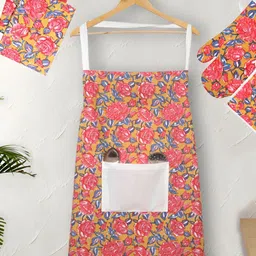 Texstylers Red & Mustard 5 Pieces Floral-Printed Cotton Kitchen Linen Sets-21