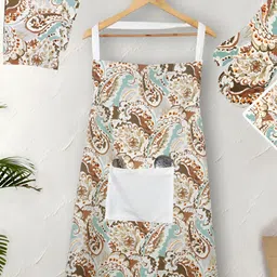 Texstylers Brown & White 5 Pieces Paisley Printed Pure Cotton Kitchen Linen Set-37