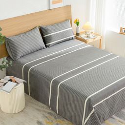 JC HOME Grey & White 144 TC King Striped Cotton Bedsheet with 2 Pillow Covers-image-74