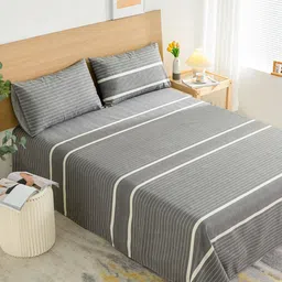 JC HOME Grey & White Striped King Bedsheet with 2 Pillow Covers-picture-1
