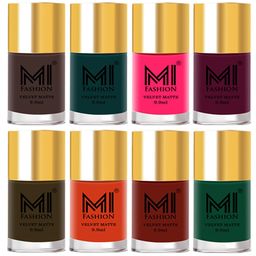 MI FASHION Set of 8 Velvet Matte Long Lasting Nail Polish 9.9 ml Each-Coffee 02 - Green 12 - Pink 13 - Magenta 14 - Brown 15 - Orange 16 - Red 17 - Green 21-11