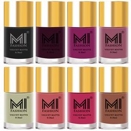 MI FASHION Set of 8 Velvet Matte Long Lasting Nail Polish 9.9 ml Each-Black 05 - Wine 37 - Plum 38 - Rose 39 - Mint 40 - Peach 41 - Peach 42 - Nude 45-55