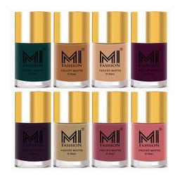 MI FASHION Set of 8 Velvet Matte Long Lasting Nail Polish 9.9 ml Each-Green 12 - Nude 27 - Nude 28 - Purple 29 - Purple 30 - Nude 32 - Tan 33 - Rose 35-14