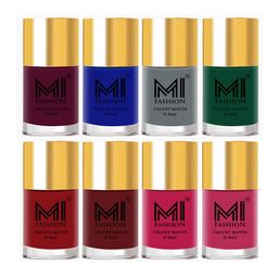 MI FASHION Set of 8 Velvet Matte Long Lasting Nail Polish 9.9 ml Each-Magenta 14 - Blue 19 - Grey 20 - Green 21 - Red 22 - Maroon 23 - Pink 24 - Peach 42-20