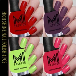 MI FASHION Set Of 4 Vernis A Ongles Ultra High Glass HD 3D Shine Nail Polish - Red Orange, Purple, Lemon Green, Carrot Red-15