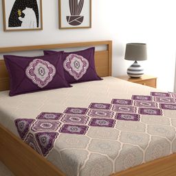 Dreamscape Purple Ethnic Motifs 140 TC King Fitted Bedsheet with 2 Pillow Covers-image-59