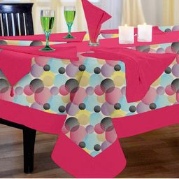 Lushomes Pink 6 Seater Circles Printed Table Cloth 1 Runner & 6 Napkins-image-65