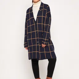 Camey Checked Woolen Collared Longline Overcoat-9