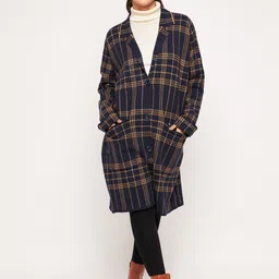 Camey Checked Woolen Collared Longline Overcoat-14