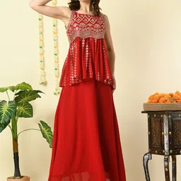 Sangria Red & Gold-toned Embellished Sleeveless Top with Skirt-image-4