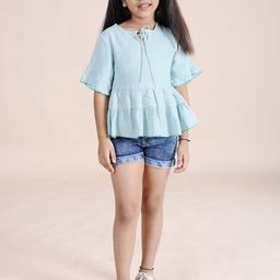 KiddoPanti Girls Printed Tie-Up Neck Tiered Top With Shorts-image-41