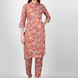 CELEBRAVO Floral Printed Shirt Collar Kurta With Trousers-26