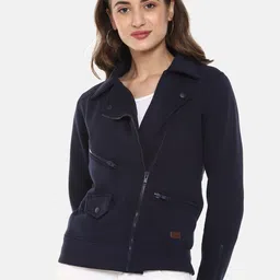Campus Sutra Women Navy Blue Windcheater Tailored Jacket with Zip Detail-image-55