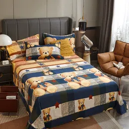 JC HOME Blue & Brown Cartoon Characters 220 TC Queen Bedsheet with 2 Pillow Covers-image-39