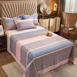 JC HOME Grey & Brown Striped Queen Bedsheet with 2 Pillow Covers-14