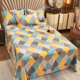 JC HOME Turquoise Blue & Yellow Cotton Geometric Queen Bedsheet with 2 Pillow Covers-image-24