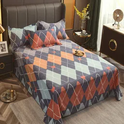 JC HOME Blue & Orange Geometric 220 TC King Bedsheet with 2 Pillow Covers-picture-22