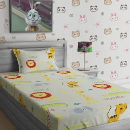 SOKNACK Off White & Yellow Cartoon Characters 300 TC Single Bedsheet with 1 Pillow Covers-image-80