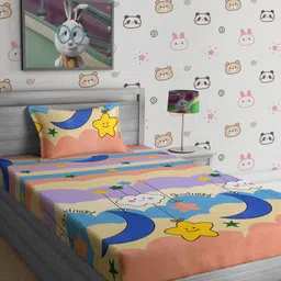 SOKNACK Blue & White Cartoon Characters 300 TC Single Bedsheet with 1 Pillow Cover-image-83