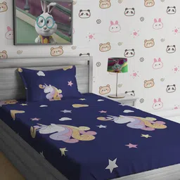 SOKNACK Unisex Kids Navy Blue 300 TC Unicorn Print Single Bedsheet With Pillow Cover-42