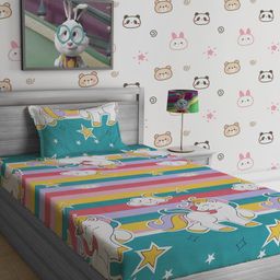 SOKNACK Kids Multicolored Cartoon Characters 300 TC Single Bedsheet with 1 Pillow Covers-21