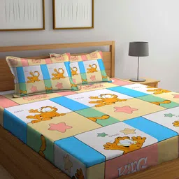 KLOTTHE White & Blue Cartoon Characters 210 TC King Bedsheet with 2 Pillow Covers-image-91