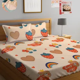 KLOTTHE Beige & Orange 300 TC Fitted Printed King Bedsheet with 2 Pillow Covers-37