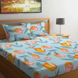 TAG 7 Blue & Green Floral 210 TC Cotton King Bedsheet with 2 Pillow Covers-image-20