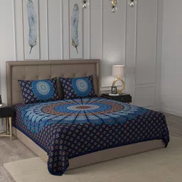 JAIPUR FABRIC Blue & Brown 180 TC Queen Ethnic Motifs Cotton Bedsheet with 2 Pillow Covers-image-34