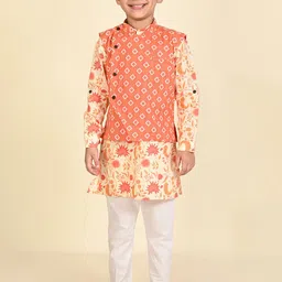 LIL PITAARA Boys Floral Printed Pure Cotton Regular Kurta & Pyjamas With Nehru Jacket-8