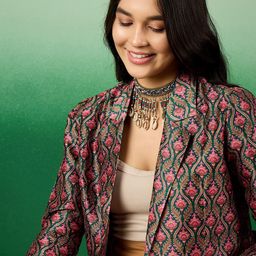 Sangria Teal Green Printed Notched Lapel Open-Front Blazers image 4