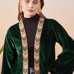 Sangria Open Front Velvet Longline Shrug with Border-5