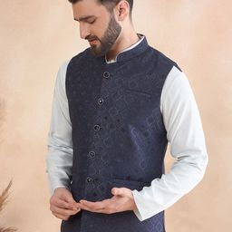 House of Pataudi jacquard Woven Design Nehru Jacket with Zari work-16