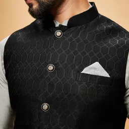 KISAH Woven Design Nehru Jacket With Pocket Square image 5