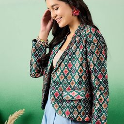 Sangria Green Printed Notched Lapel Front Open Blazer image 3