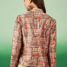 Sangria Printed Notched Lapel Collar Open Ethnic Jacket image 3
