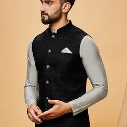 KISAH Woven Design Nehru Jacket With Pocket Square image 3