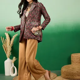 Sangria Teal Green Printed Notched Lapel Open-Front Blazers image 2