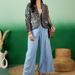 Sangria Green Printed Notched Lapel Front Open Blazer image 5